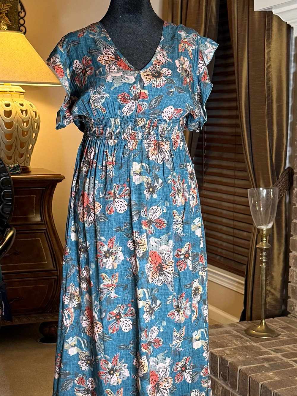 Romantic Teal floral flutter sleeve maxi dress XL